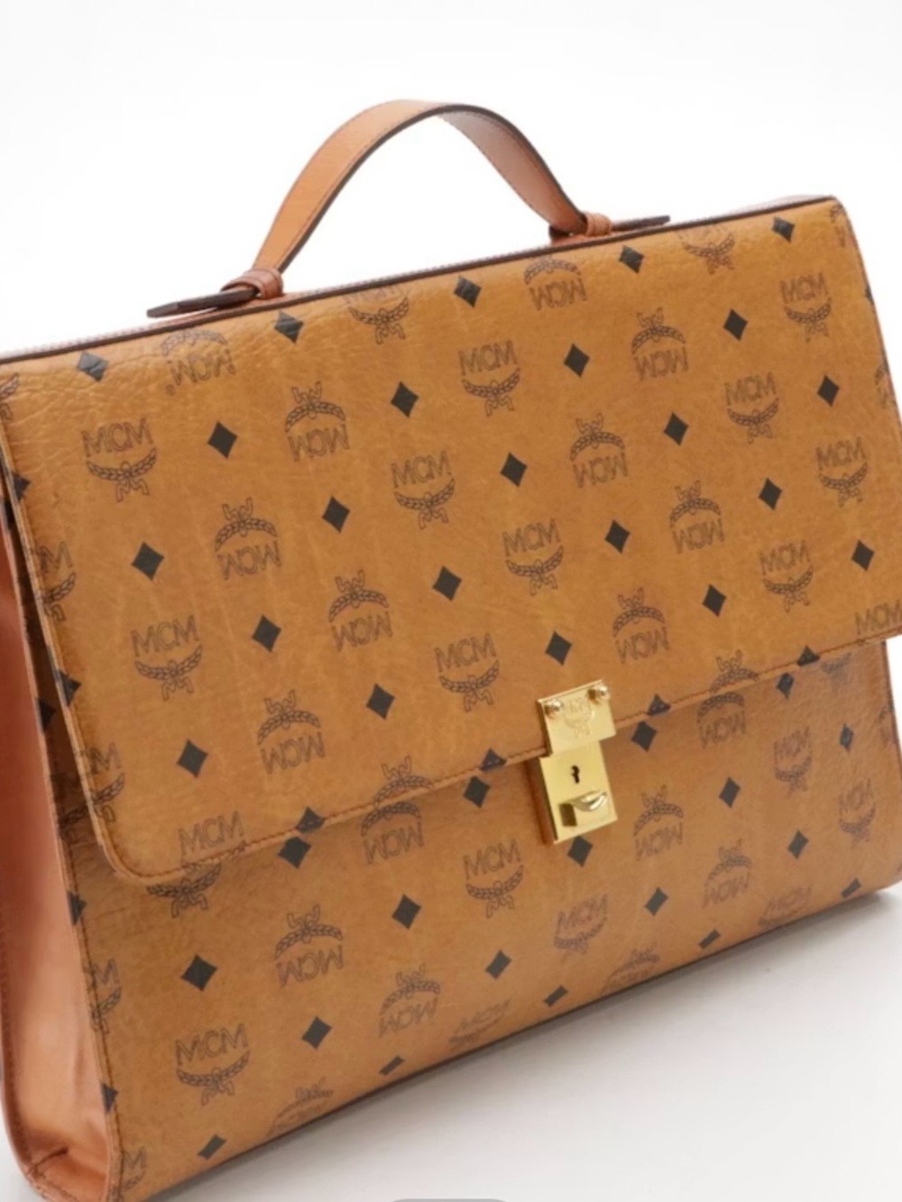 MCM Cognac Monogram Leather Briefcase with Gold-Tone Lock